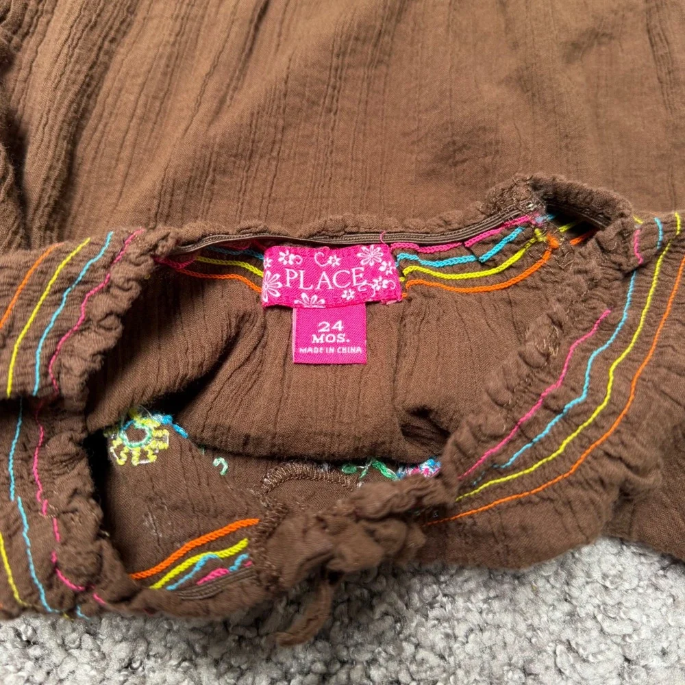 Y2K Vintage Childrens Place Embroidered Gauze Peasant Top Brown Toddler Girl 24M